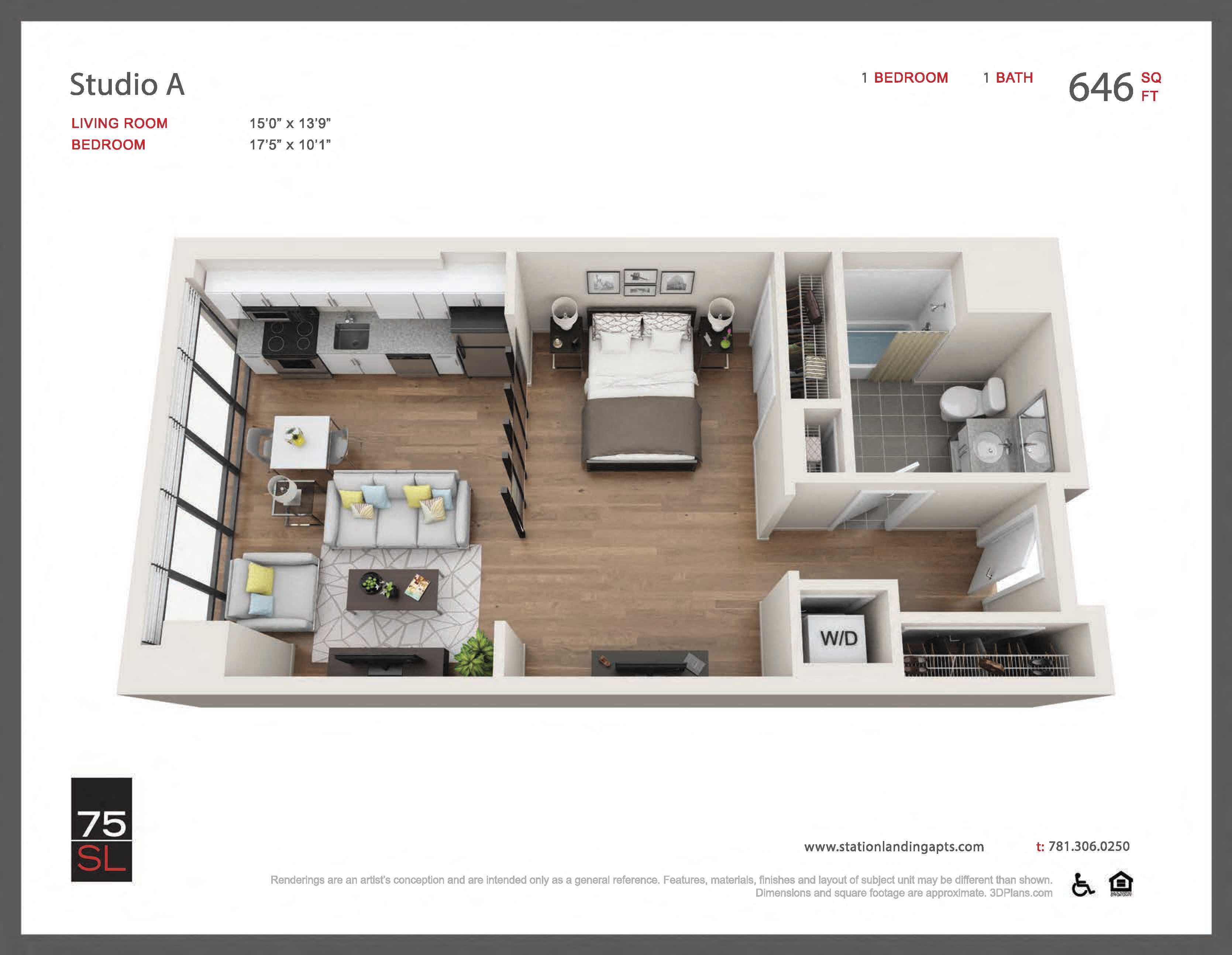 Floor plan for studio, 1 bath, 647 sqft
